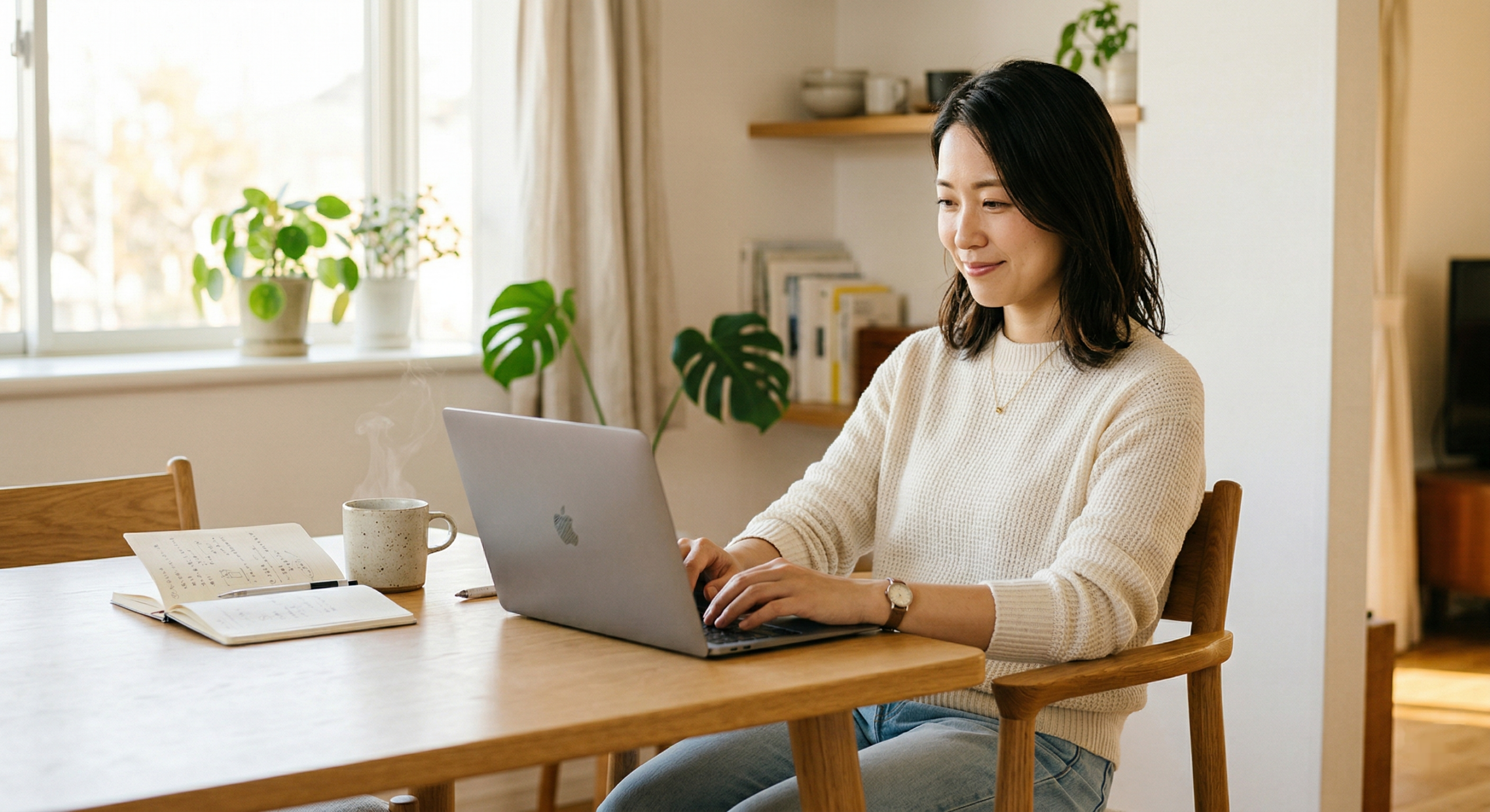 03_肘付きチェアでPC作業する女性
