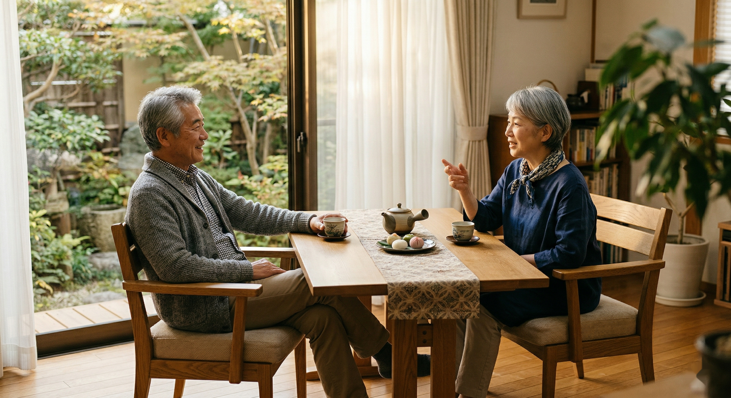 08_シニア夫婦_肘付きチェアでお茶