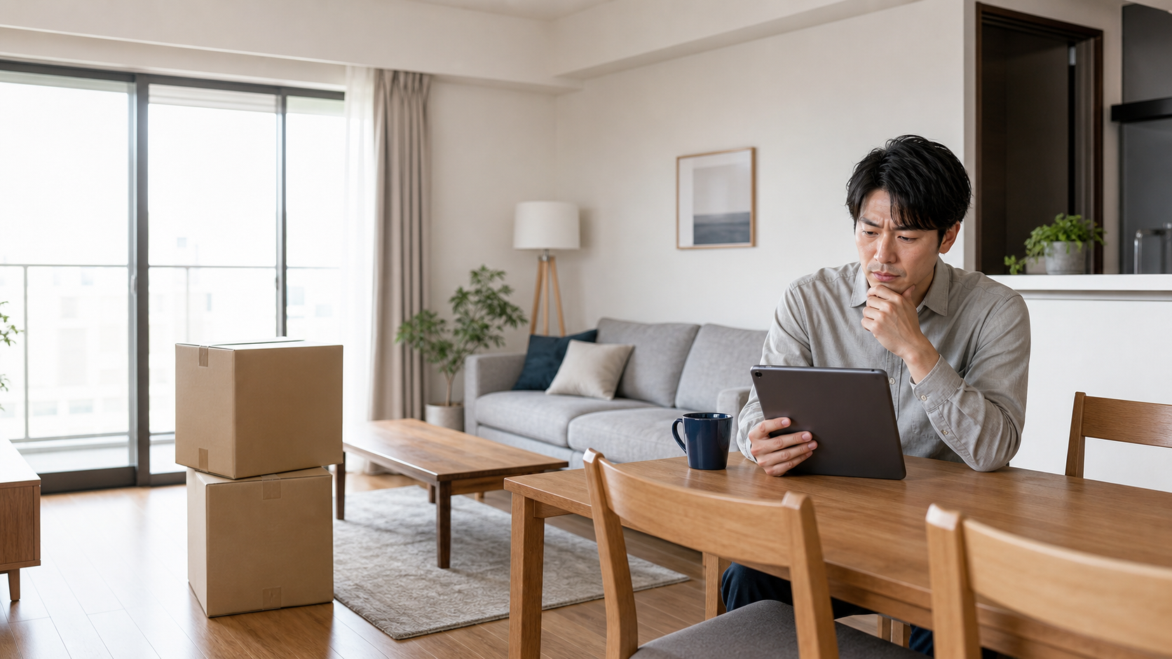 家具サブスクの契約条件をタブレットで確認する男性
