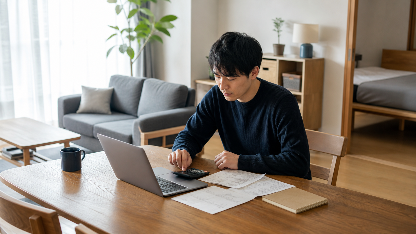 家具サブスクの月額と支払総額を計算する男性