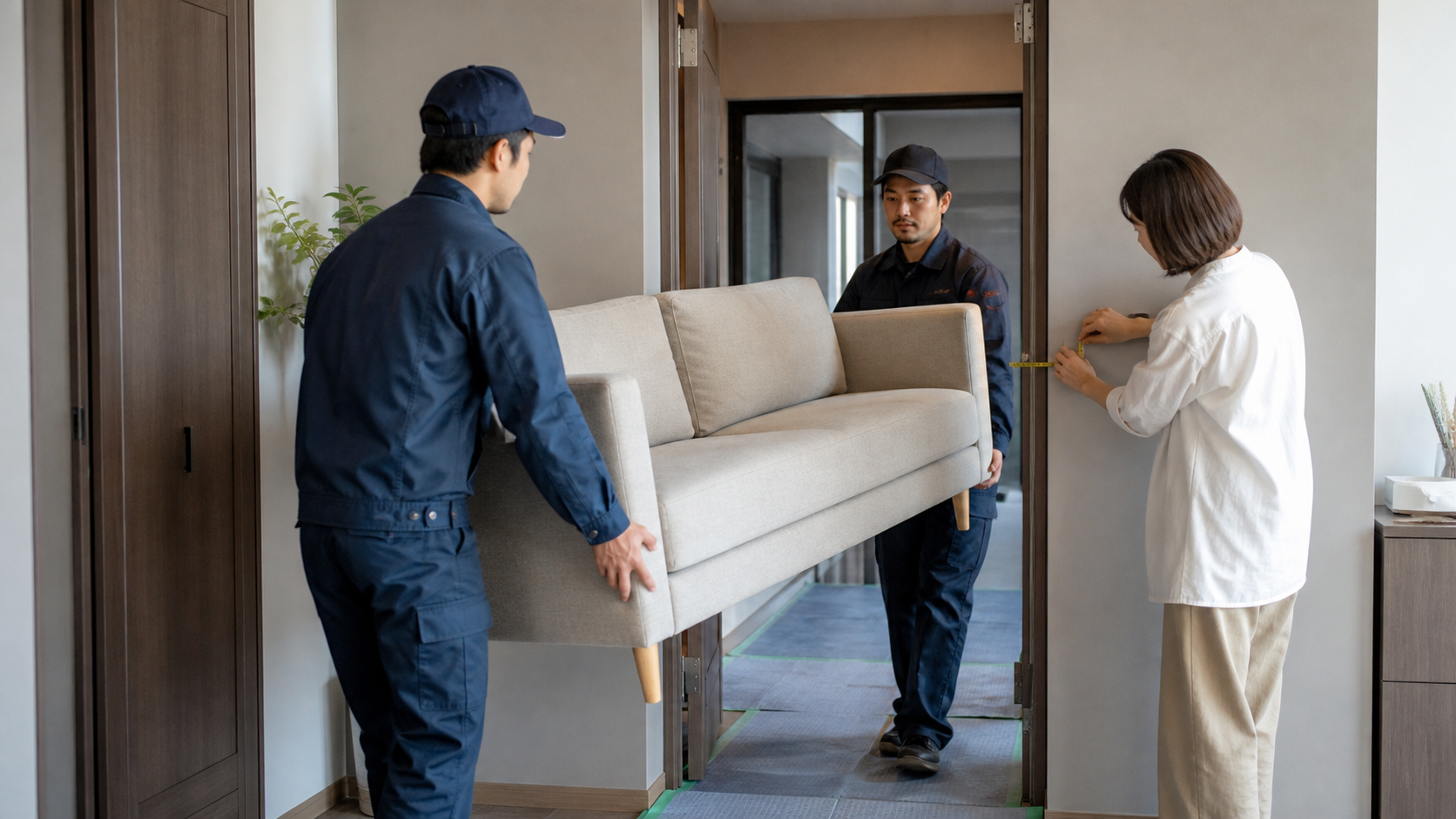 ソファの搬入経路を測りながら家具を運ぶ作業員