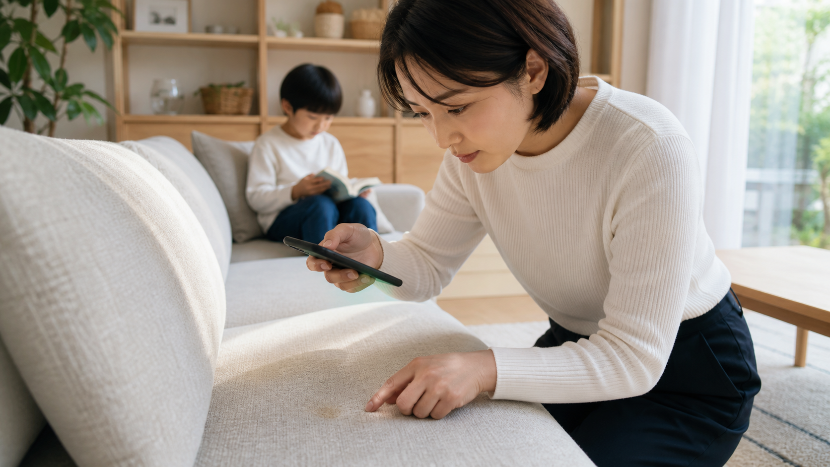 レンタルソファの小さな汚れをスマートフォンで記録する女性
