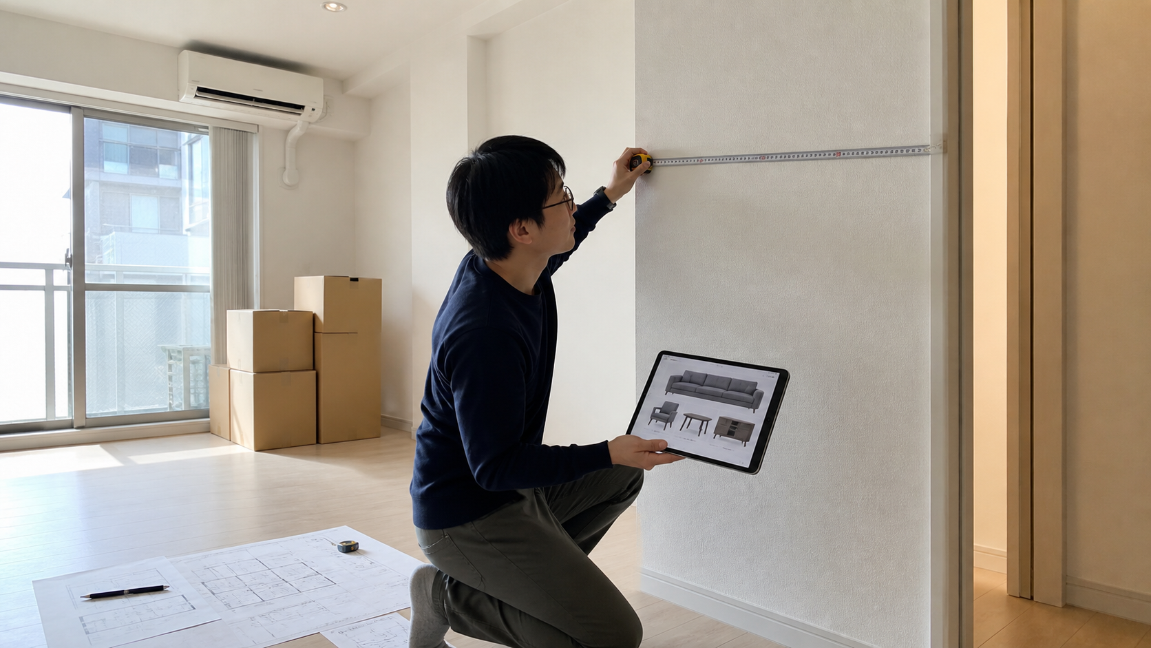 部屋の壁幅を測り家具のサイズを確認する男性