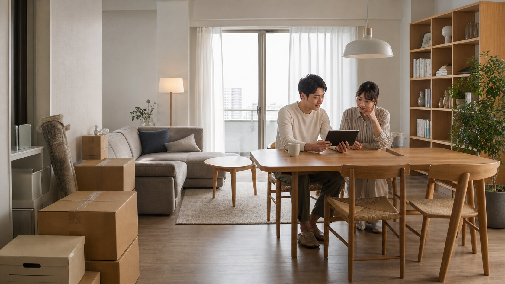 引っ越し後の部屋で家具の利用方法を相談する二人