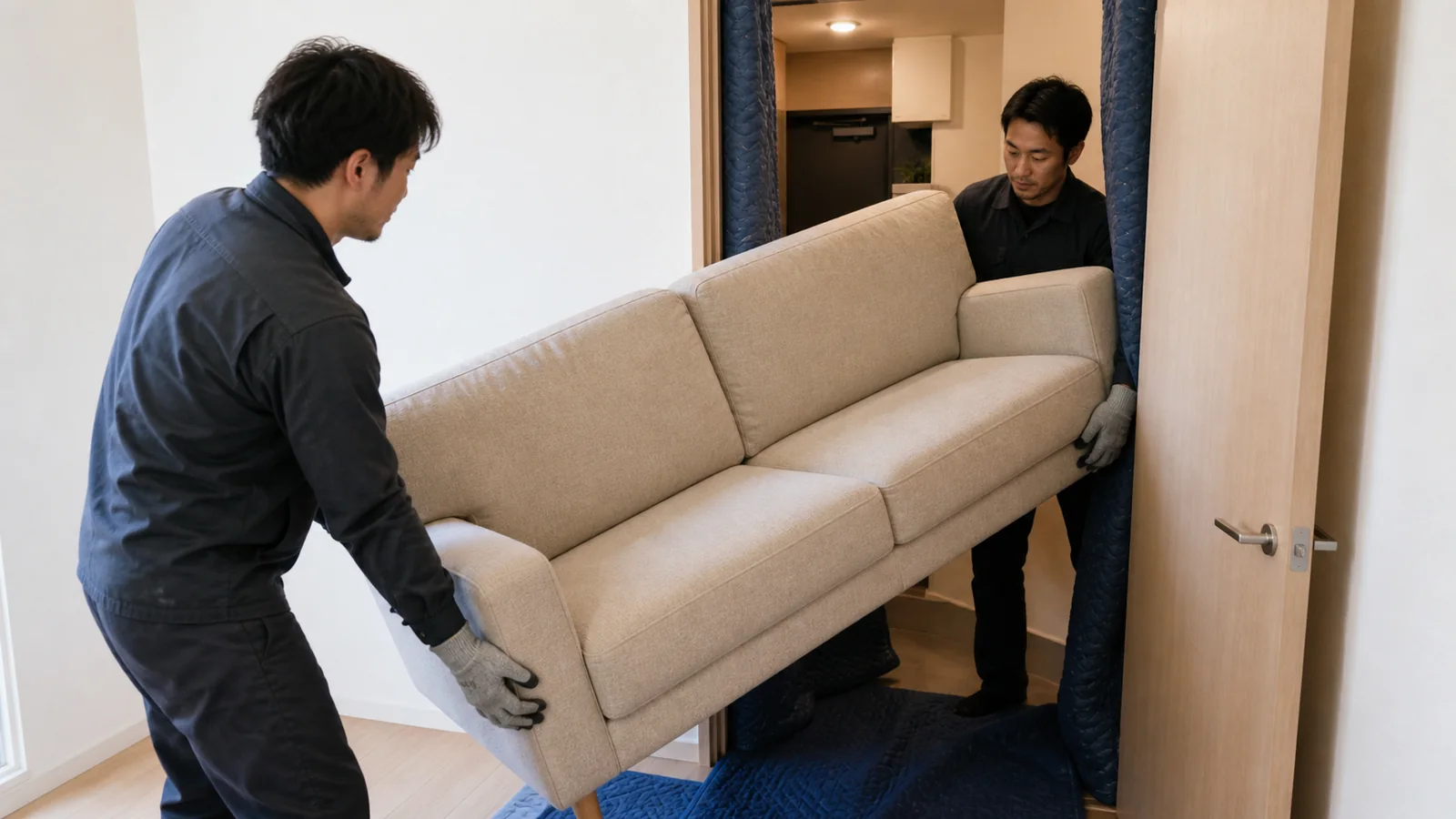 2人がかりでソファをドアから運び出す様子