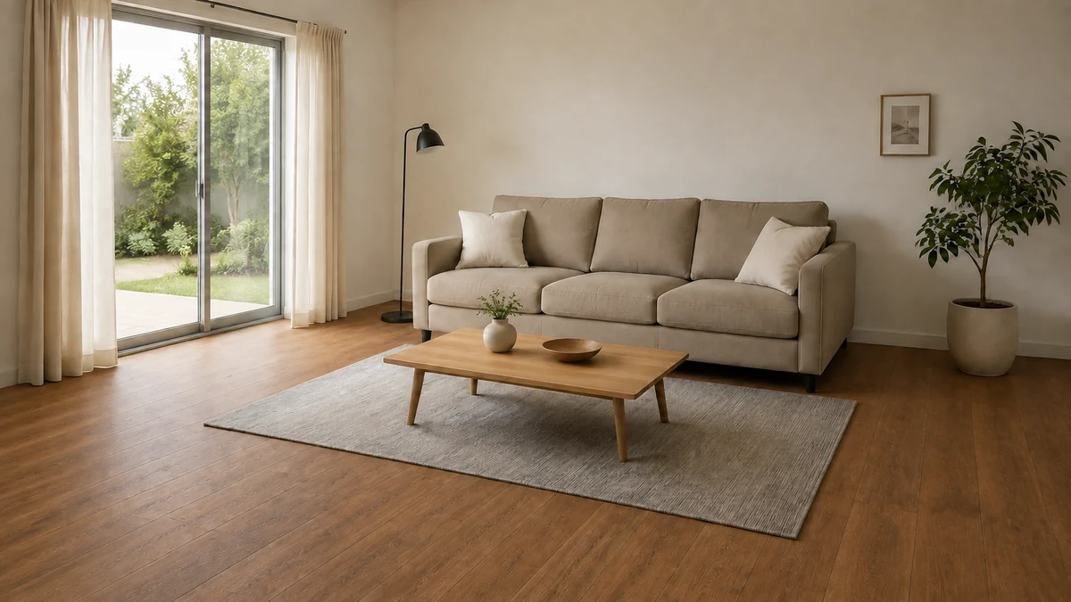 ミディアムブラウン床にベージュソファを置いた同条件比較イメージ