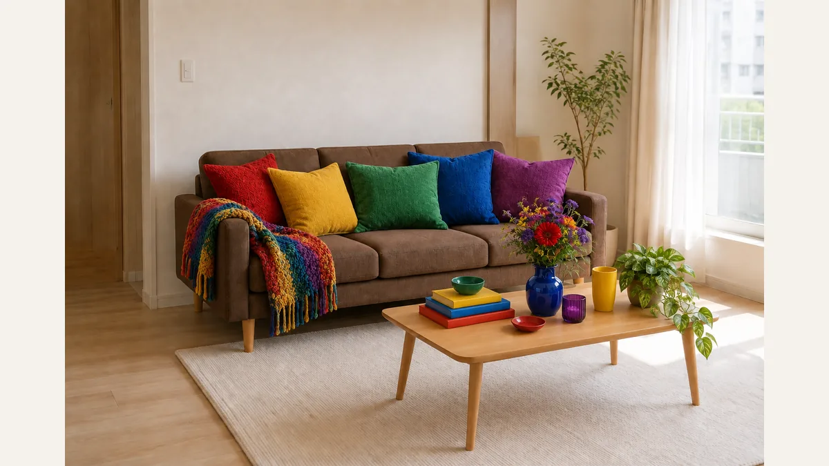 ブラウンソファの部屋で差し色を増やしすぎた例