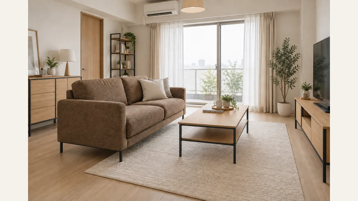 木天板とブラック脚家具を合わせたブラウンソファの部屋