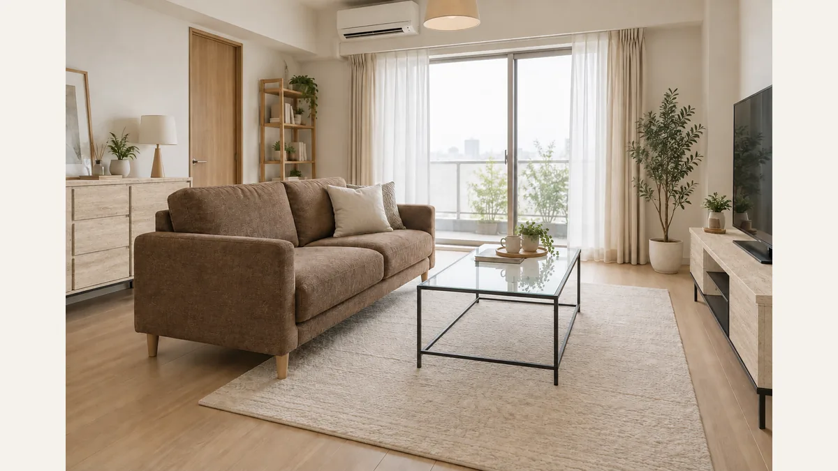 ガラスと石目家具を合わせたブラウンソファの部屋