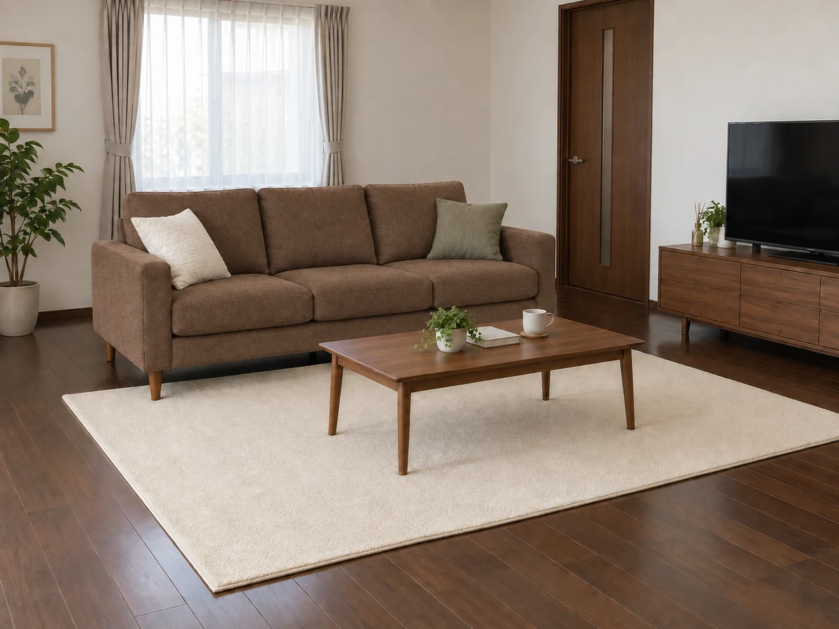 濃い茶色の床にブラウンソファとアイボリーの無地ラグを合わせた配色例