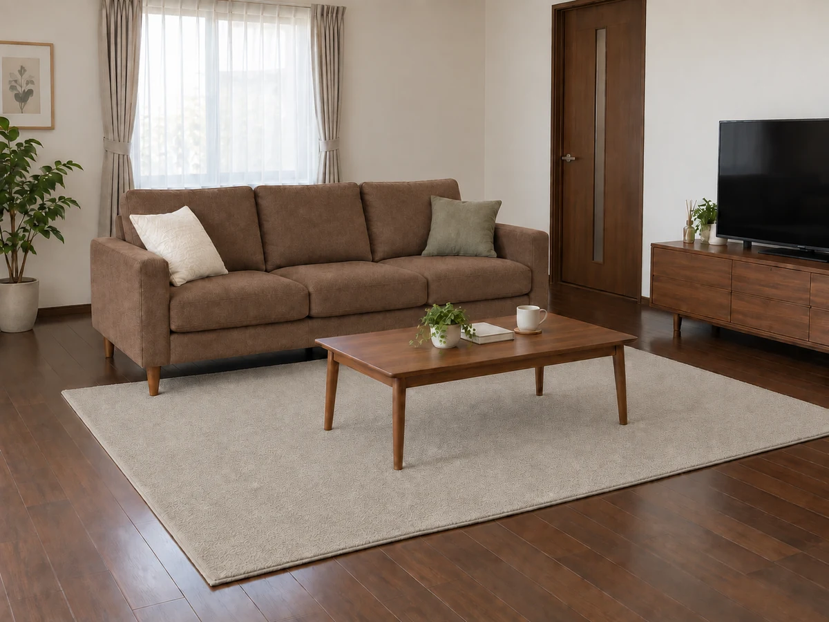 濃い茶色の床にブラウンソファとグレージュの無地ラグを合わせた配色例