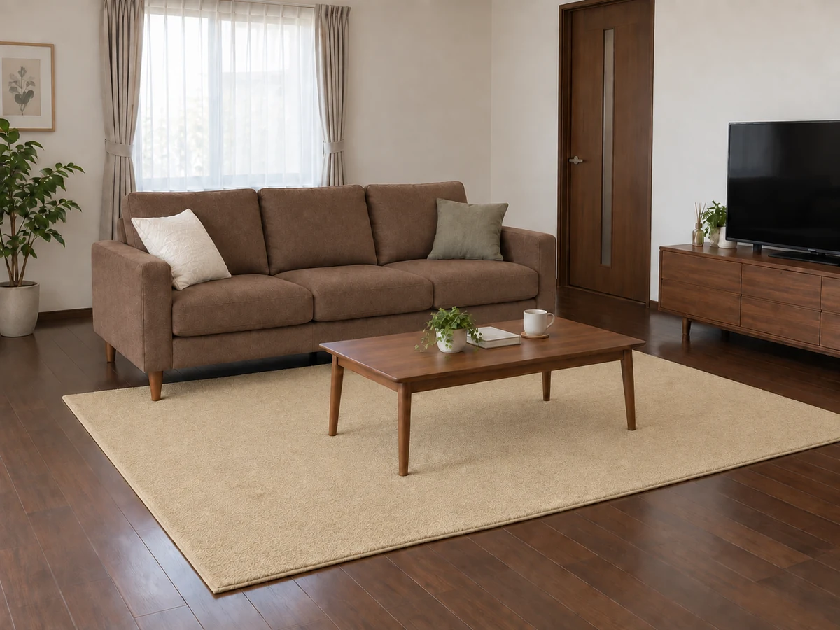 濃い茶色の床にブラウンソファとベージュの無地ラグを合わせた配色例