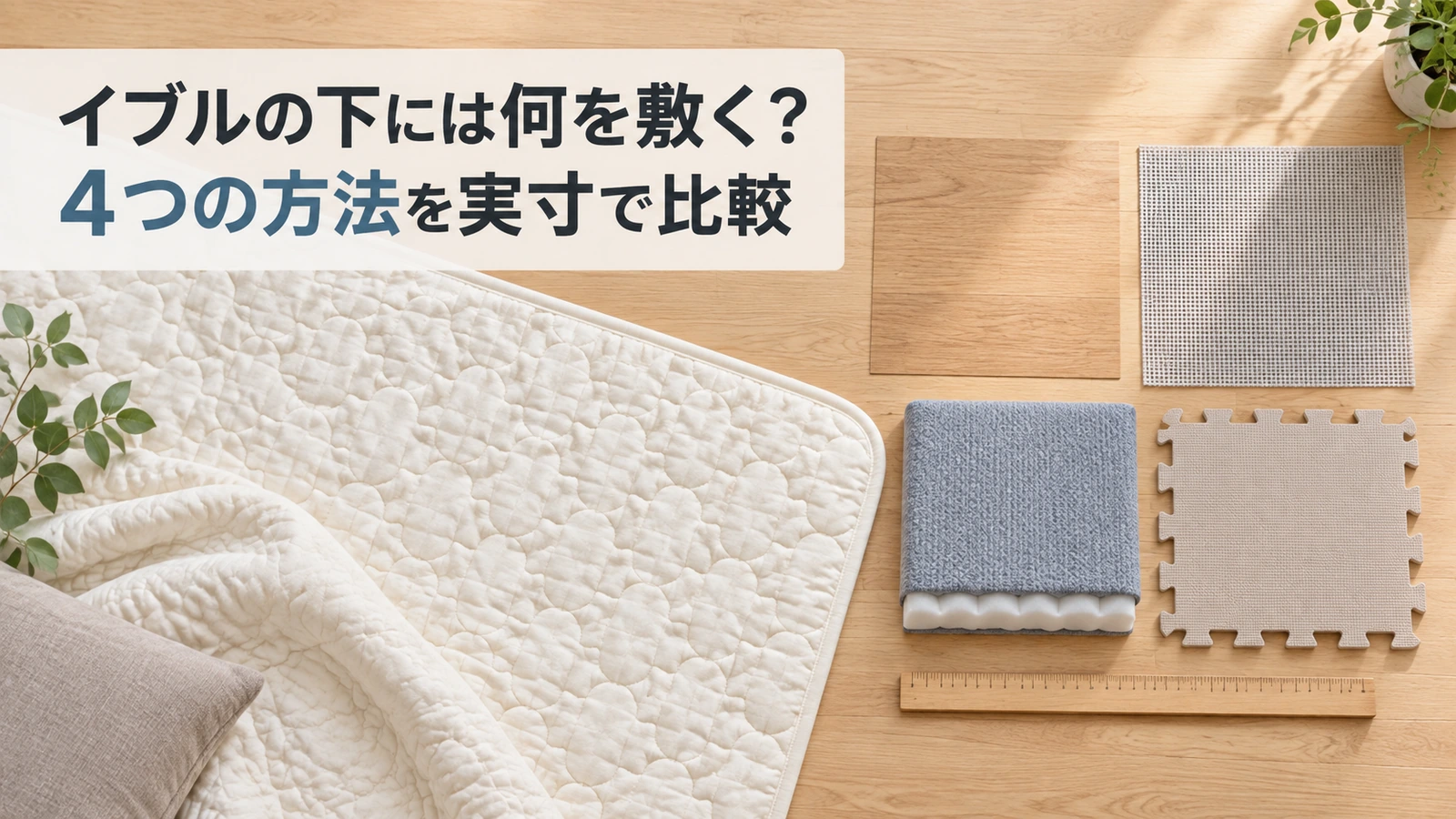 イブルと床、薄い滑り止め、クッション下敷き、ジョイントマットを俯瞰で並べた比較イメージ
